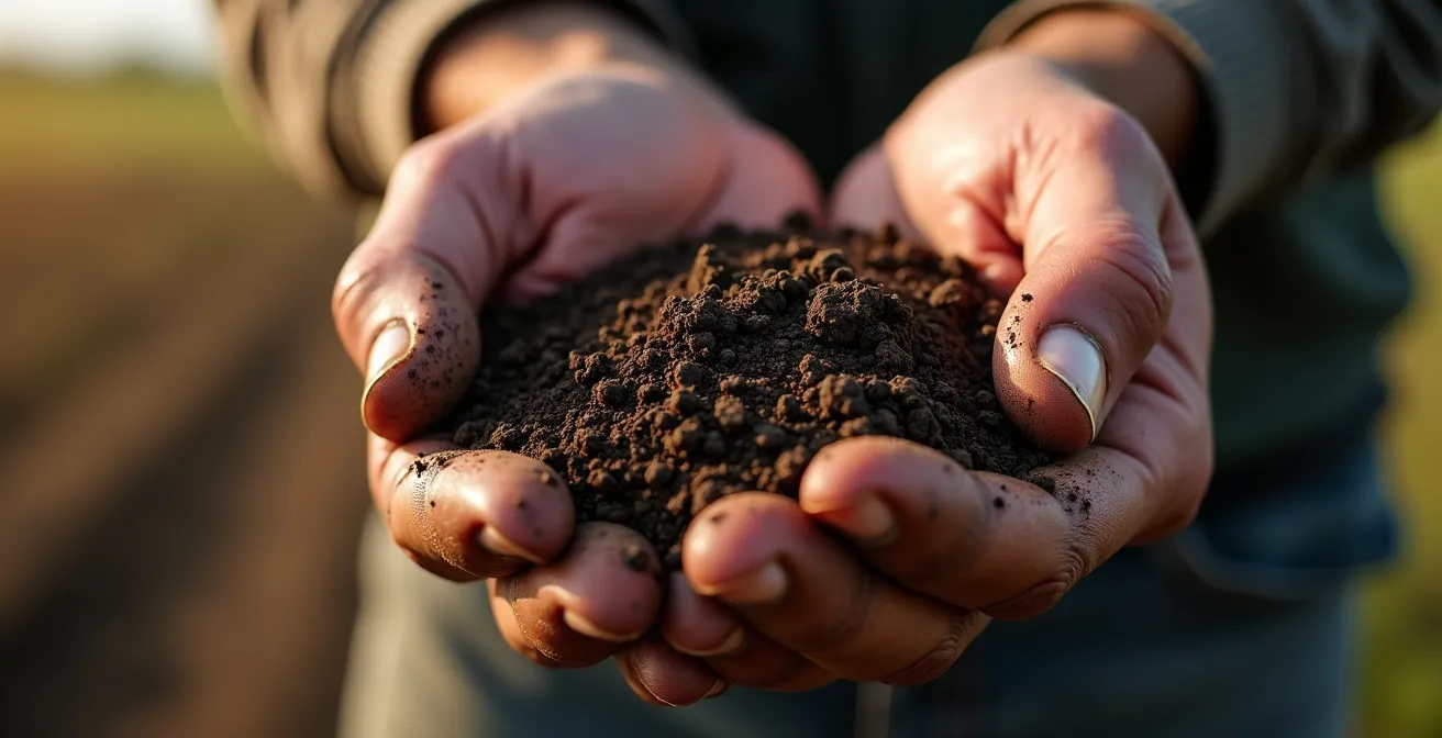 Mains d'agriculteur analysant la texture et la structure d'une motte de terre