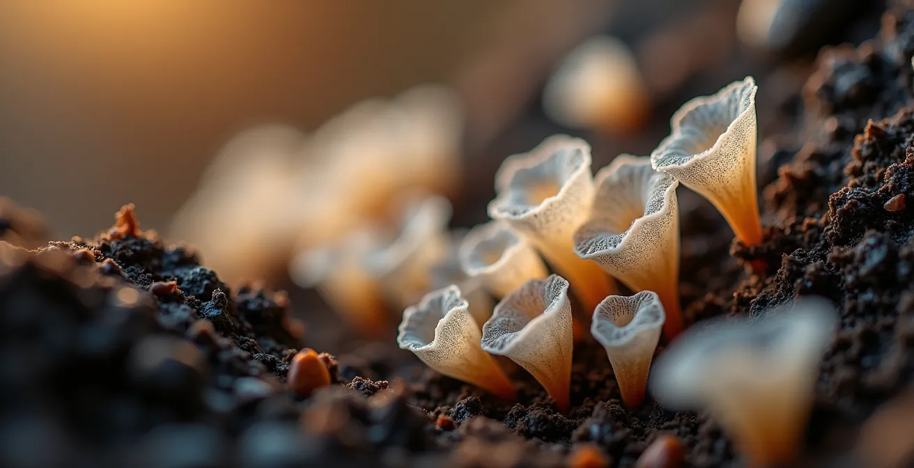 Vue macro du réseau mycélien entrelacé avec les racines dans le sol