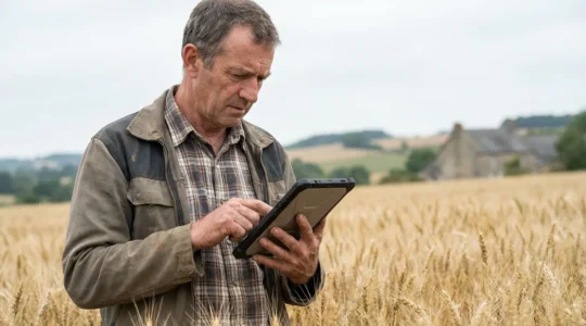 Exploitant agricole consultant une tablette dans un champ de blé pour la gestion numérique parcellaire