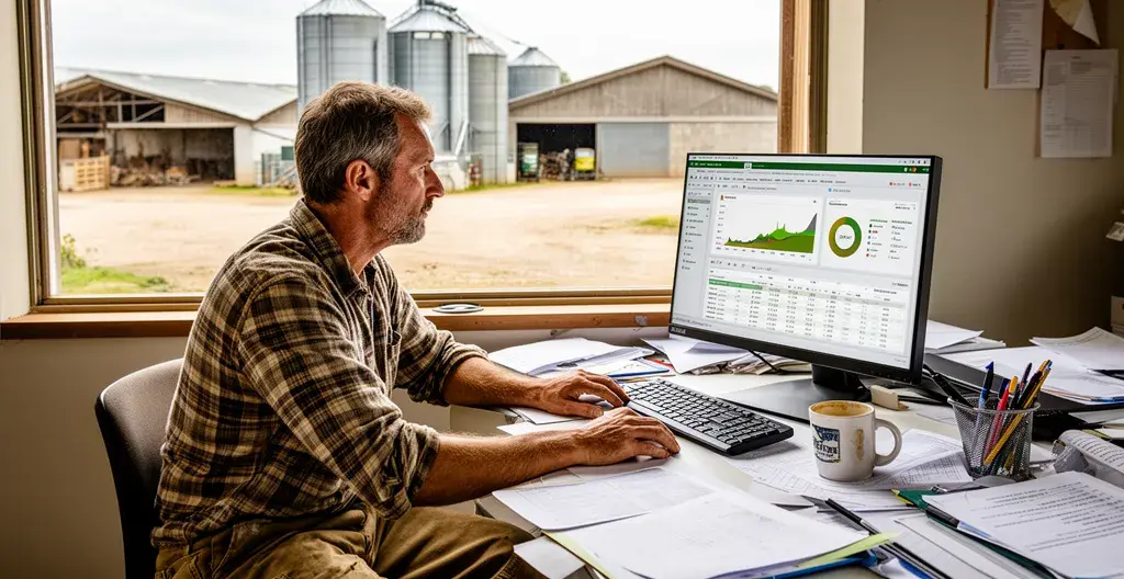 Exploitant agricole consultant un logiciel de gestion sur ordinateur dans son bureau avec vue sur la cour de ferme