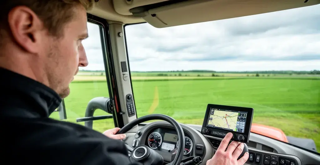 Vue depuis l'épaule d'un conducteur de tracteur consultant l'écran de guidage GPS agricole