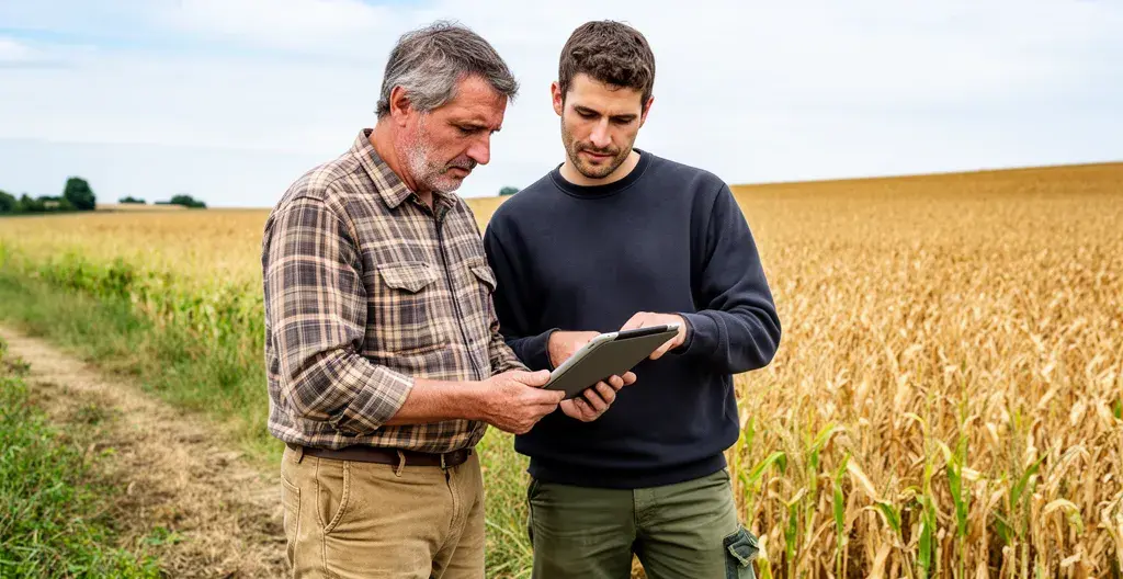 Agriculteur et conseiller technique côte à côte consultant une tablette en bordure de parcelle