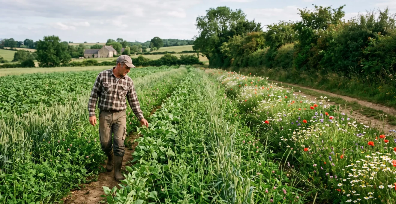 Agriculteur inspectant une parcelle agricole diversifiée avec couverts végétaux, bandes fleuries et haies bocagères.