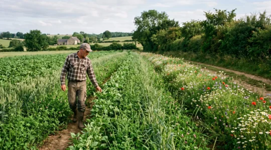 Agriculteur inspectant une parcelle agricole diversifiée avec couverts végétaux, bandes fleuries et haies bocagères.