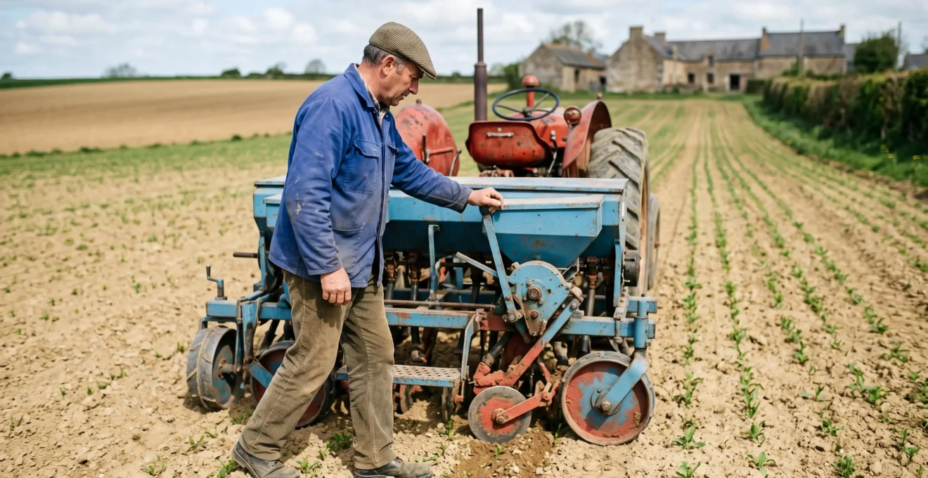Agriculteur utilisant un équipement de semis de couverts végétaux ou de désherbage mécanique dans un champ.