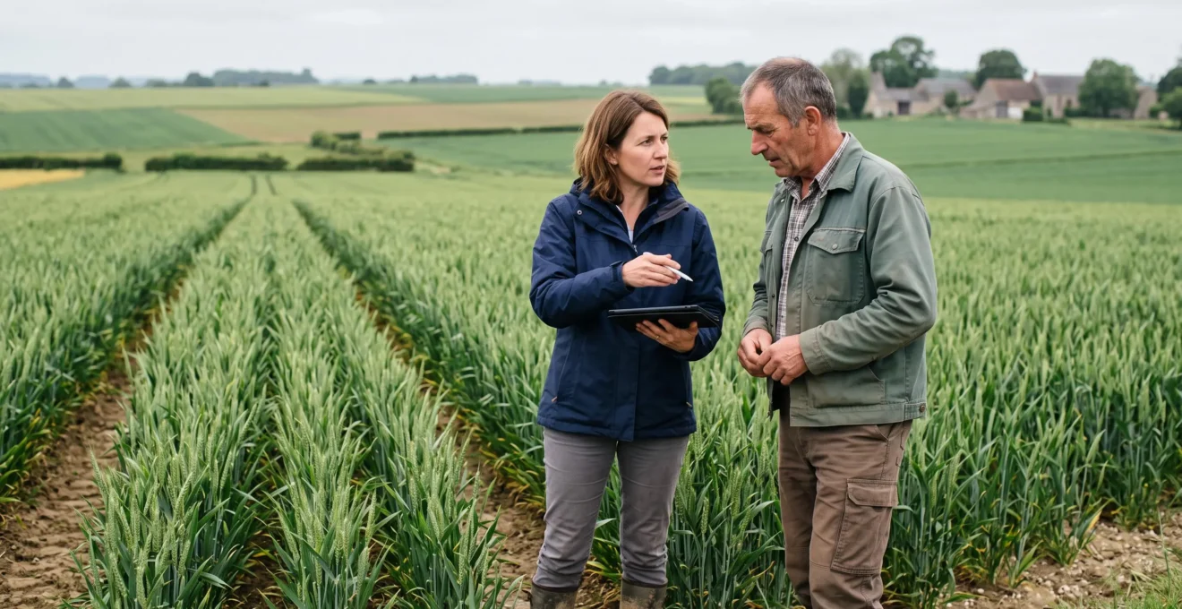 Conseiller agricole et agriculteur en discussion sur le terrain devant une parcelle cultivée.