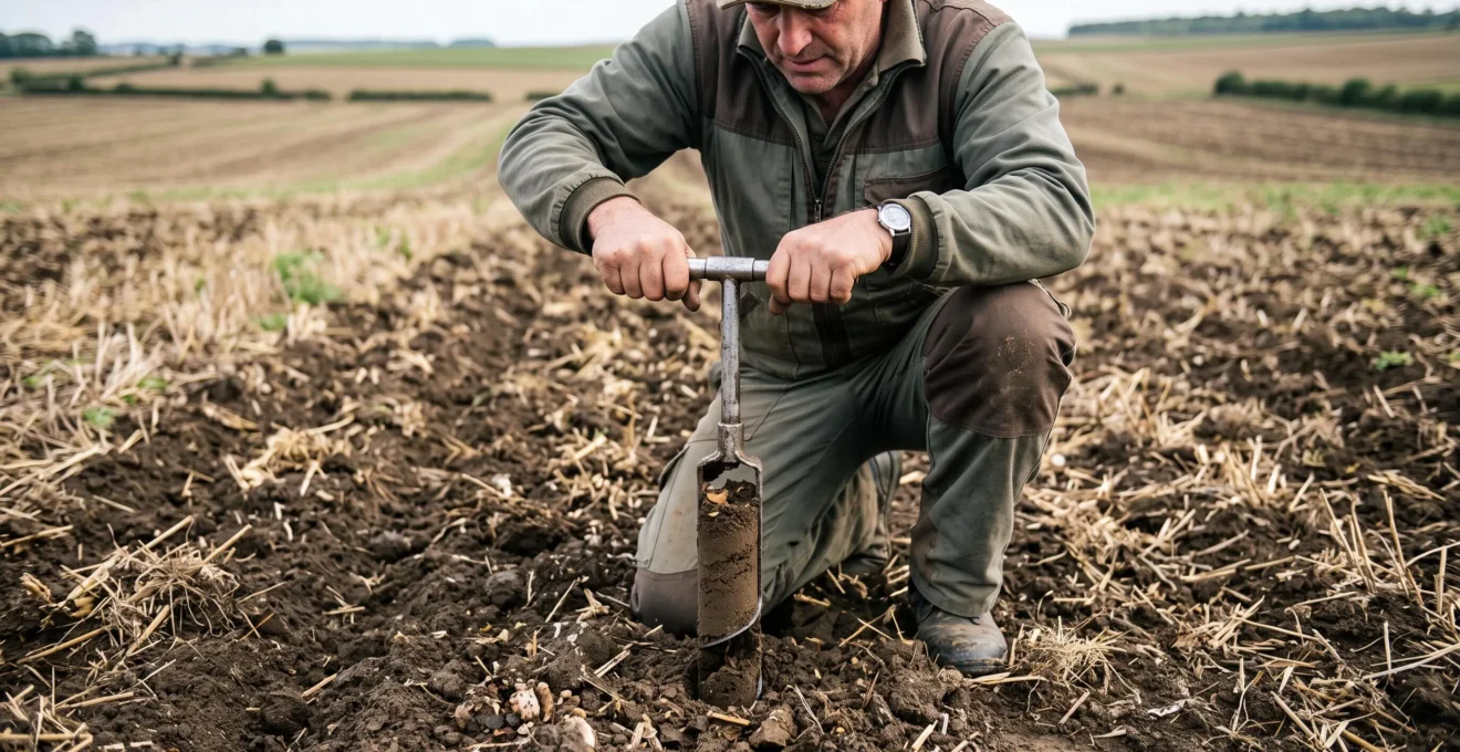 Technicien agricole réalisant un prélèvement de sol avec une tarière dans une parcelle cultivée.